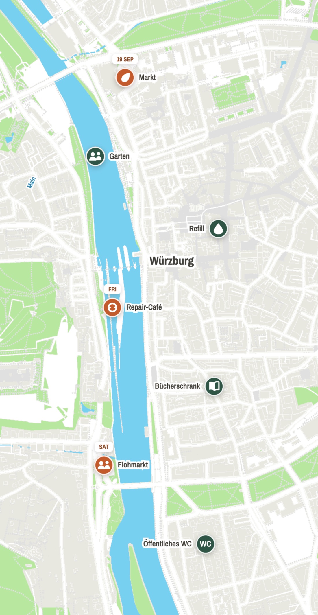 The GreenThumbs map, showing markets, a repair café, a refill point and a book box across central Würzburg
